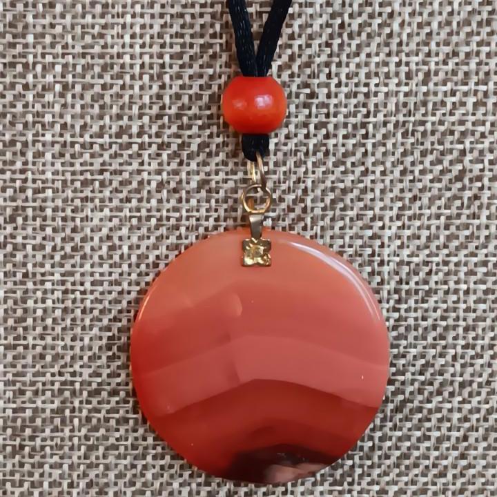 Earthy Orange Tone Stone Medallion Necklace On Black Cord, 20"
